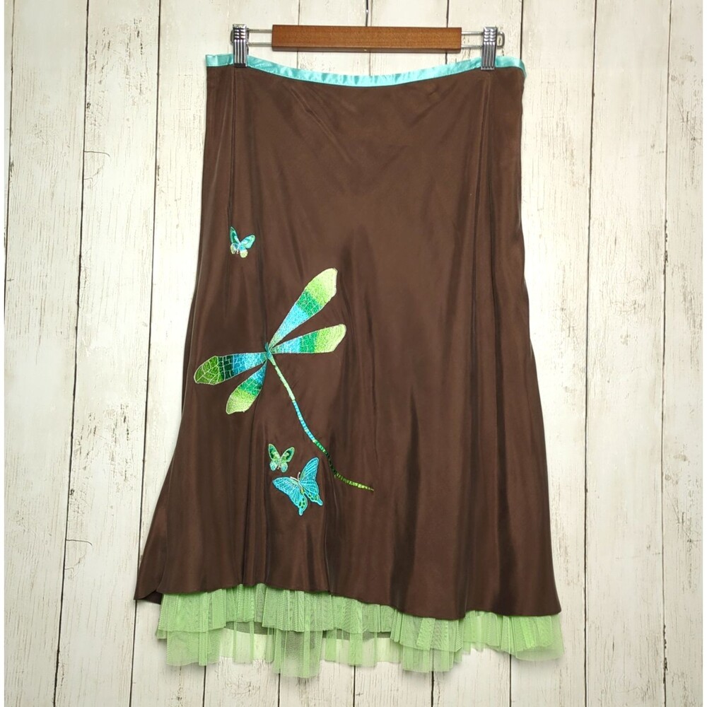 NWT Silk Dragonfly Butterfly Skirt Brown Teal Green Tulle 12 Fairy Whimsy Y2k